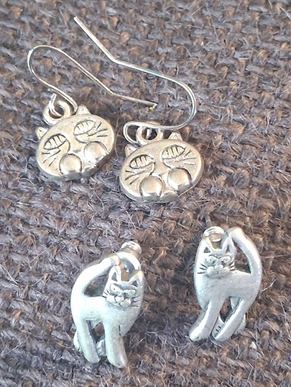 Pewter Cat Earring Bundle Dangle Hooks & Studs - Set of 2 Pairs
